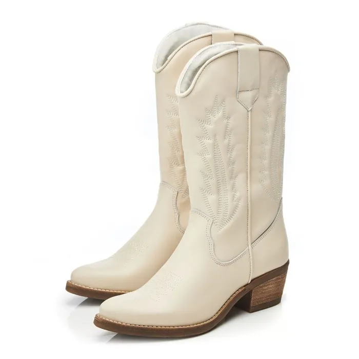 MidCalf Boots Women Moda In Pelle Fanntine Cream Leather