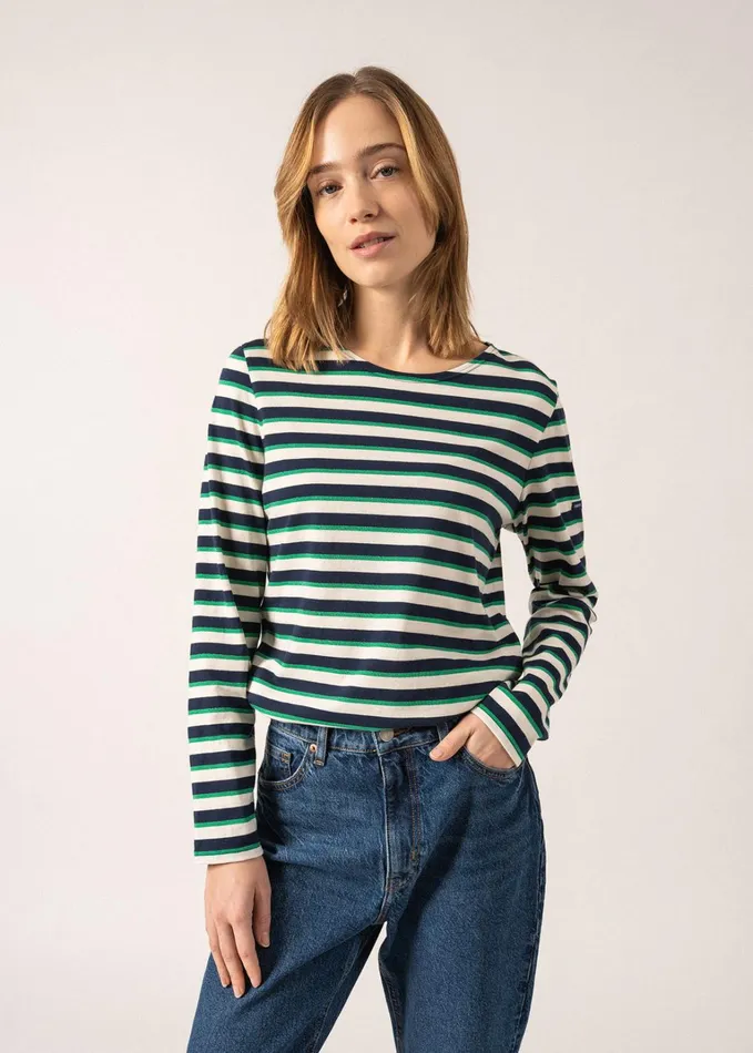 Minquidame Lurex TriColor Breton Shirt Lightweight Cotton Navyivorygreen Women Saint James Aw24