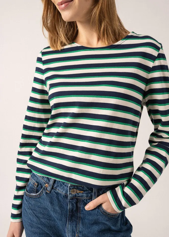 Minquidame Lurex TriColor Breton Shirt Lightweight Cotton Navyivorygreen Women Saint James Aw24
