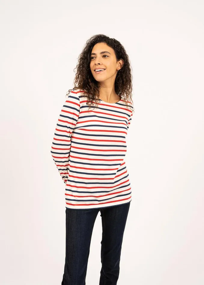 Minquidame TriColor Breton Shirt Lightweight Cotton Ecrunavyred Women Saint James Breton Striped Shirts Minquidame TriColor Breton Shirt Lightweight Cotton Ecrunavyred Women Saint James Breton Striped Shirts
