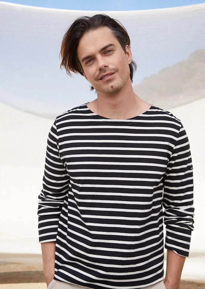 Minquiers Modern Authentic Breton Stripe Shirt Soft Cotton Blackecru Men Saint James Breton Striped Shirts