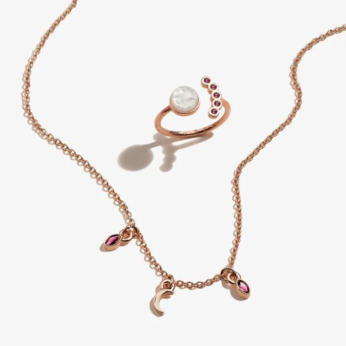 Moon Charm Necklace Crystal Ring Gift Set Shiny Rose Gold Women Alex And Ani Flower Moon Charm Necklace Crystal Ring Gift Set Shiny Rose Gold Women Alex And Ani Flower