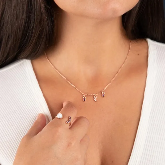 Moon Charm Necklace Crystal Ring Gift Set Shiny Rose Gold Women Alex And Ani Flower Moon Charm Necklace Crystal Ring Gift Set Shiny Rose Gold Women Alex And Ani Flower