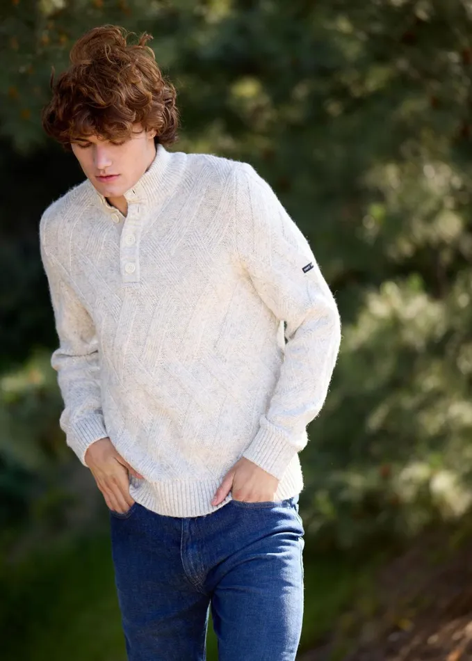 Neuchatel 14 Buttoned HighCollar Sweater With Structured Knit Lightgraymelange Men Saint James Breton Sweaters Neuchatel 14 Buttoned HighCollar Sweater With Structured Knit Lightgraymelange Men Saint James Breton Sweaters