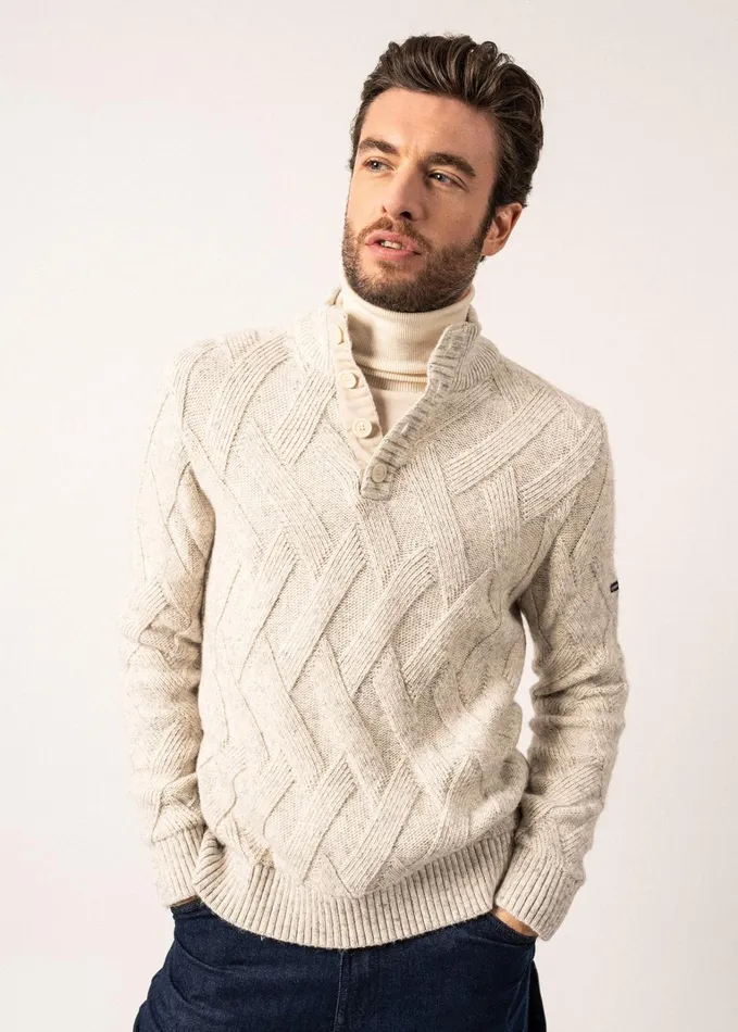 Neuchatel 14 Buttoned HighCollar Sweater With Structured Knit Lightgraymelange Men Saint James Breton Sweaters