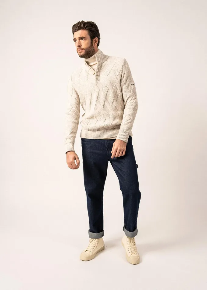 Neuchatel 14 Buttoned HighCollar Sweater With Structured Knit Lightgraymelange Men Saint James Breton Sweaters
