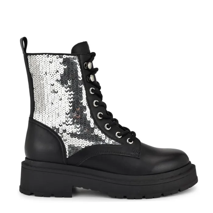 Nine West Boots and Booties Women Hediy Combat Booties Blacksilver Sequin