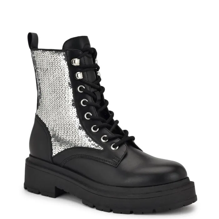 Nine West Boots and Booties Women Hediy Combat Booties Blacksilver Sequin Nine West Boots and Booties Women Hediy Combat Booties Blacksilver Sequin