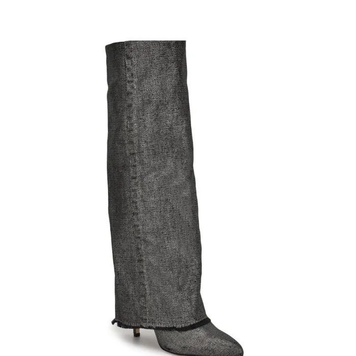 Nine West Boots and Booties Women Rhoree Knee High Dress Boots Silver Metallic Denim