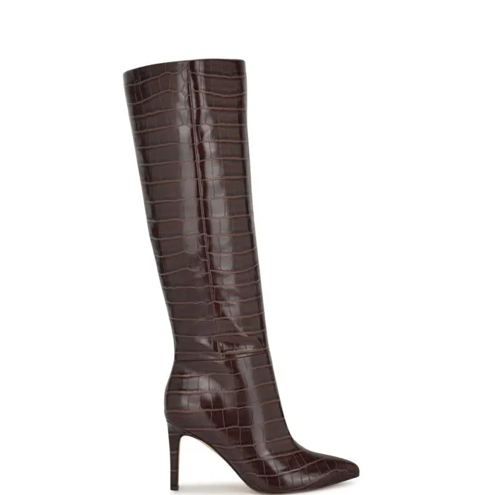 Nine West Boots and Booties Women Richy Wide Calf Heeled Boots Brown Croco