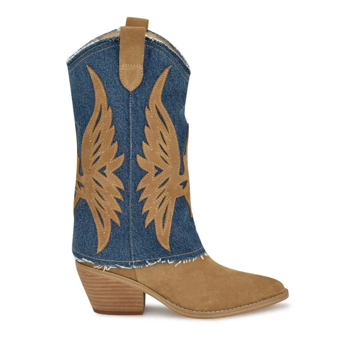 Nine West Boots and Booties Women Ringer Detailed Western Boots Denimnatural Suede