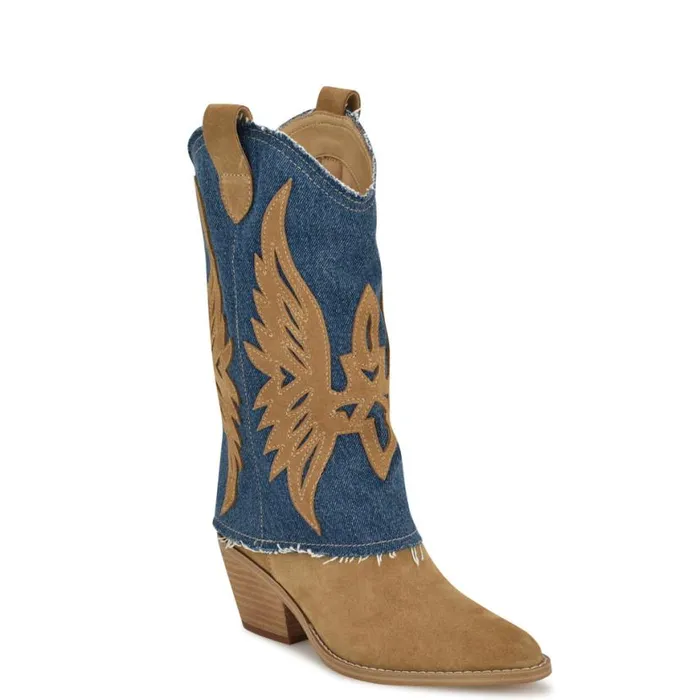 Nine West Boots and Booties Women Ringer Detailed Western Boots Denimnatural Suede