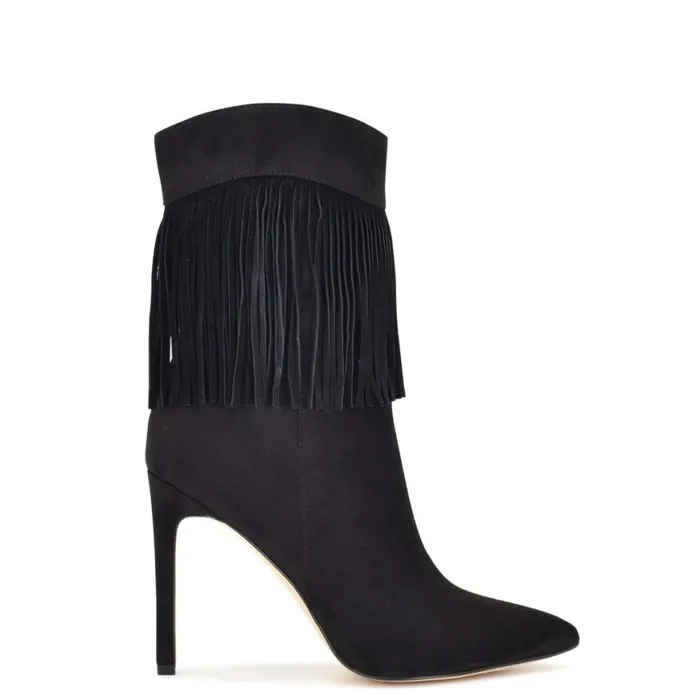 Nine West Boots and Booties Women Tries Heeled Fringe Booties Black Suede