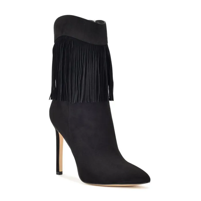Nine West Boots and Booties Women Tries Heeled Fringe Booties Black Suede Nine West Boots and Booties Women Tries Heeled Fringe Booties Black Suede