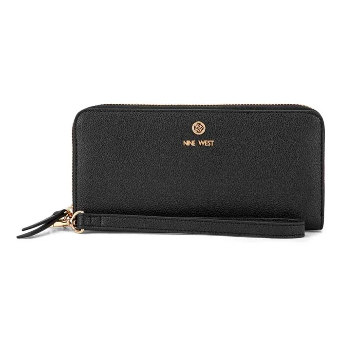 Nine West Clutches and Wallets Women Lockup 9S Zip Around With Wristlet Black Micro Pebble
