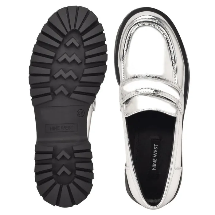 Nine West Flats Women Garren Lug Sole Loafers Silver Nine West Flats Women Garren Lug Sole Loafers Silver