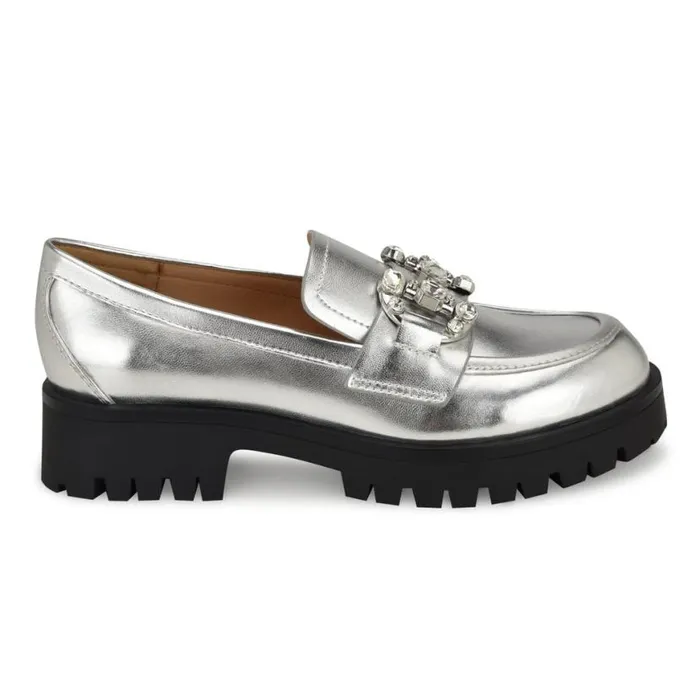 Nine West Flats Women Glammy Lugsole Loafers Silver