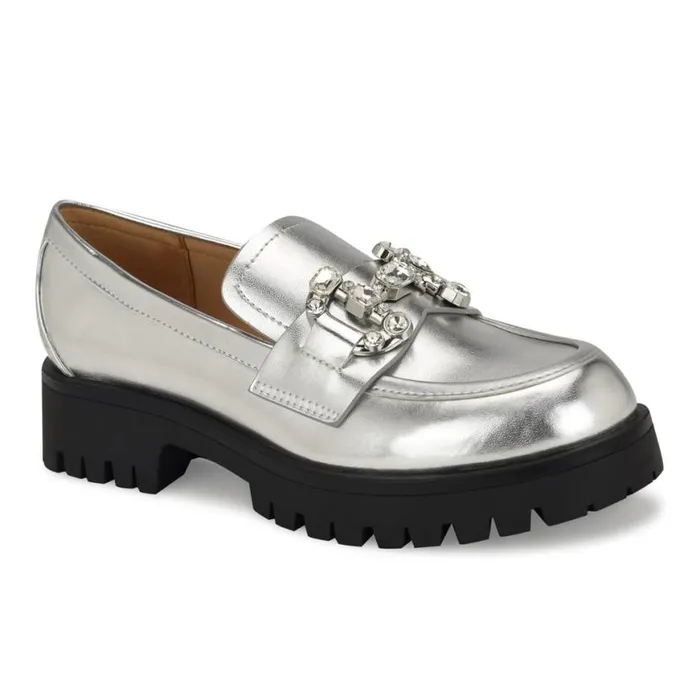 Nine West Flats Women Glammy Lugsole Loafers Silver Nine West Flats Women Glammy Lugsole Loafers Silver