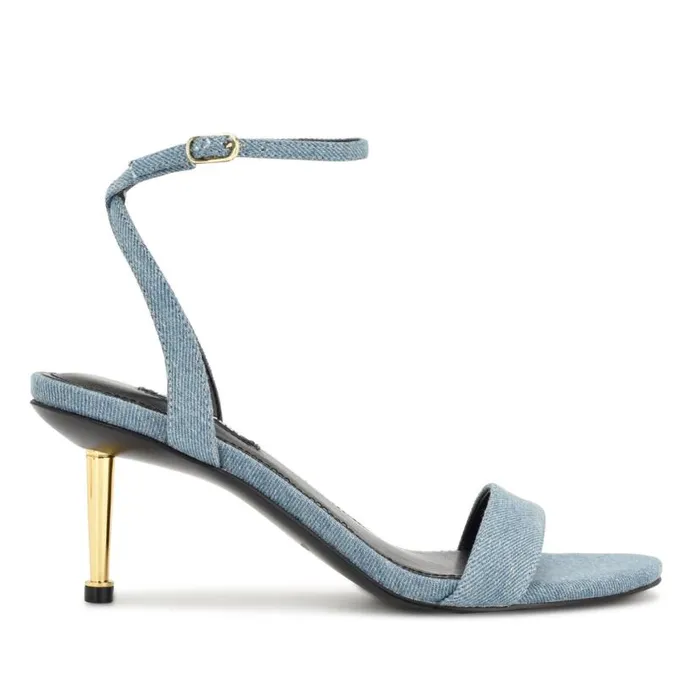 Nine West Heels Women Anny Ankle Strap Heeled Sandals Blue Denim Fabric