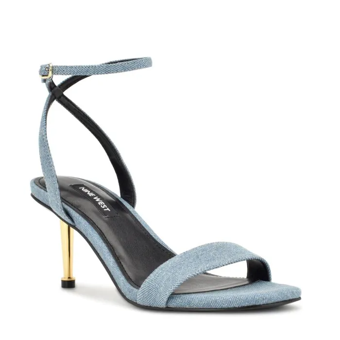 Nine West Heels Women Anny Ankle Strap Heeled Sandals Blue Denim Fabric Nine West Heels Women Anny Ankle Strap Heeled Sandals Blue Denim Fabric