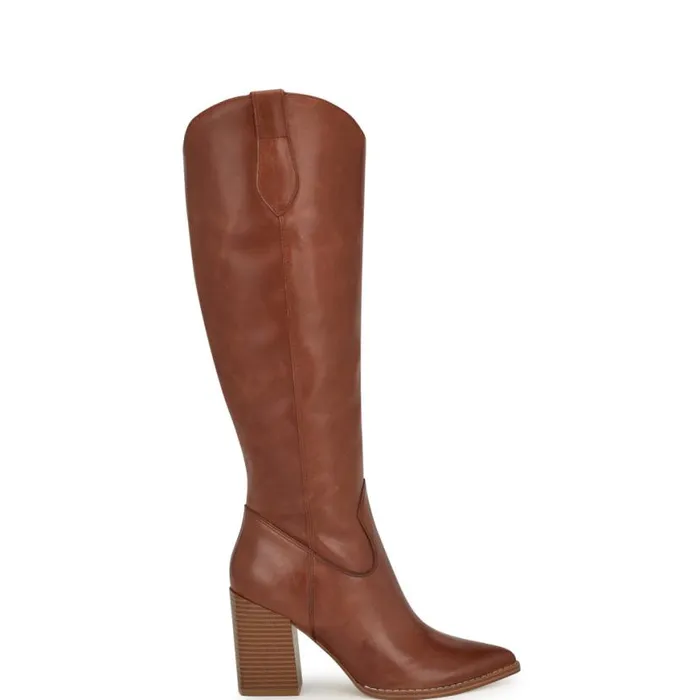 Nine West Heels Women Bromwel Block Heel Boots Dark Natural Leather