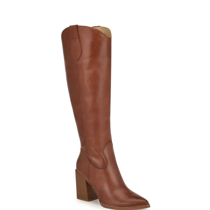 Nine West Heels Women Bromwel Block Heel Boots Dark Natural Leather