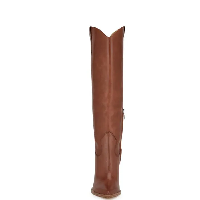 Nine West Heels Women Bromwel Block Heel Boots Dark Natural Leather