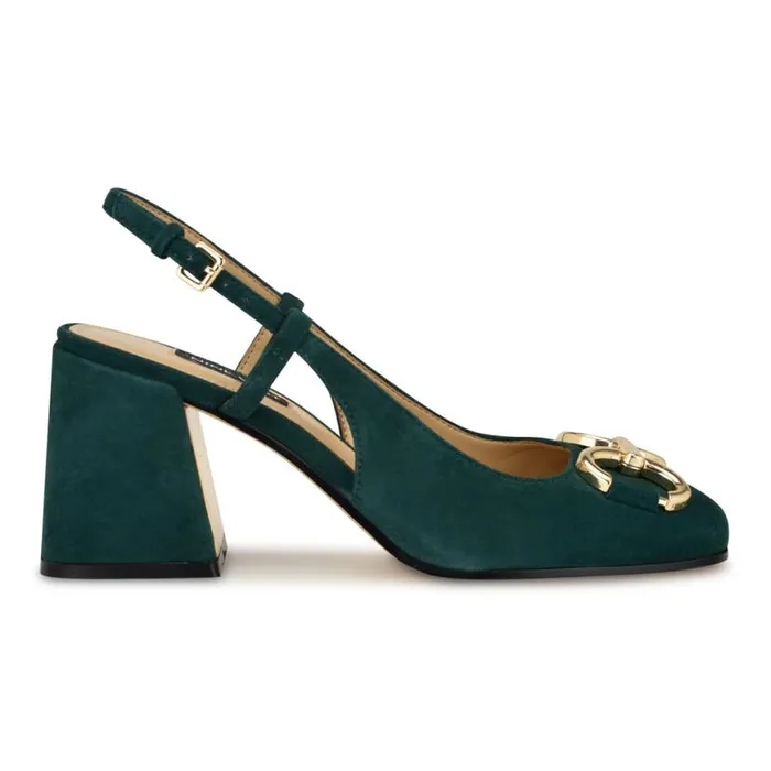 Nine West Heels Women Cast Block Heel Slingback Pumps Green Suede