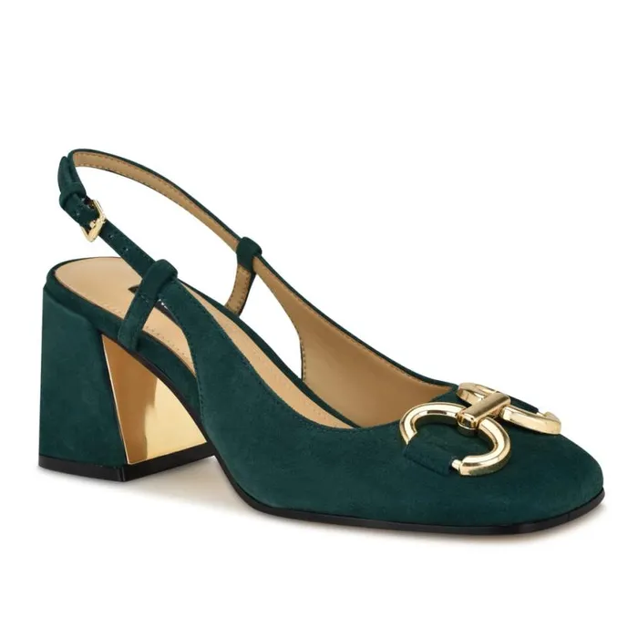 Nine West Heels Women Cast Block Heel Slingback Pumps Green Suede
