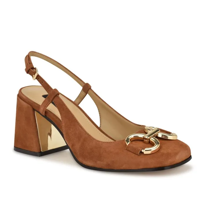 Nine West Heels Women Cast Block Heel Slingback Pumps Natural Suede