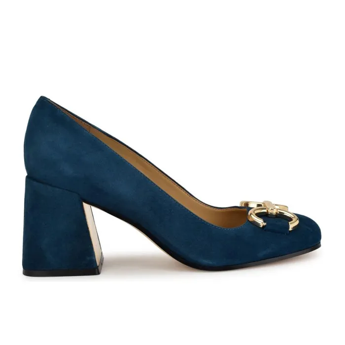 Nine West Heels Women Caven Block Heel Pumps Blue Suede