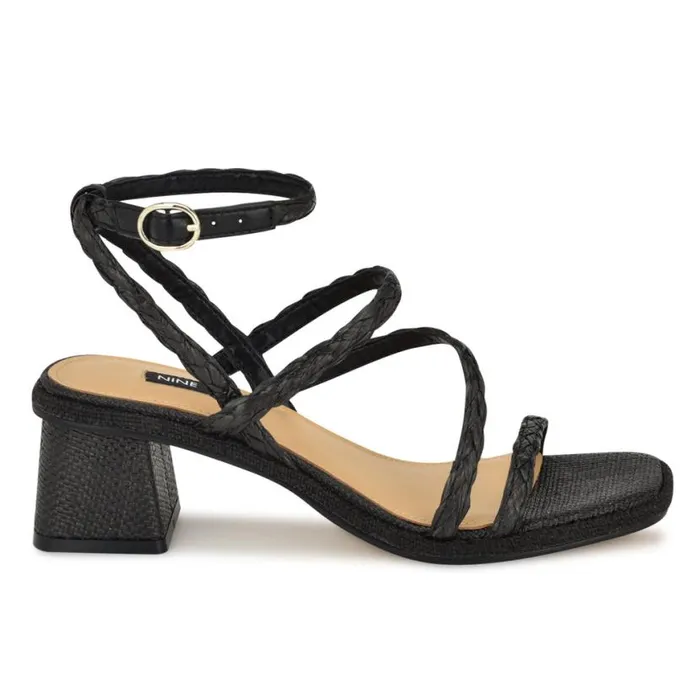 Nine West Heels Women Emolly Raffia Block Heel Sandals Black Raffia