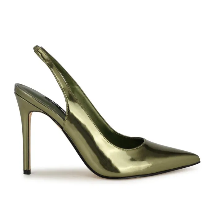 Nine West Heels Women Feather Pointy Toe Slingback Pumps Green Metallic