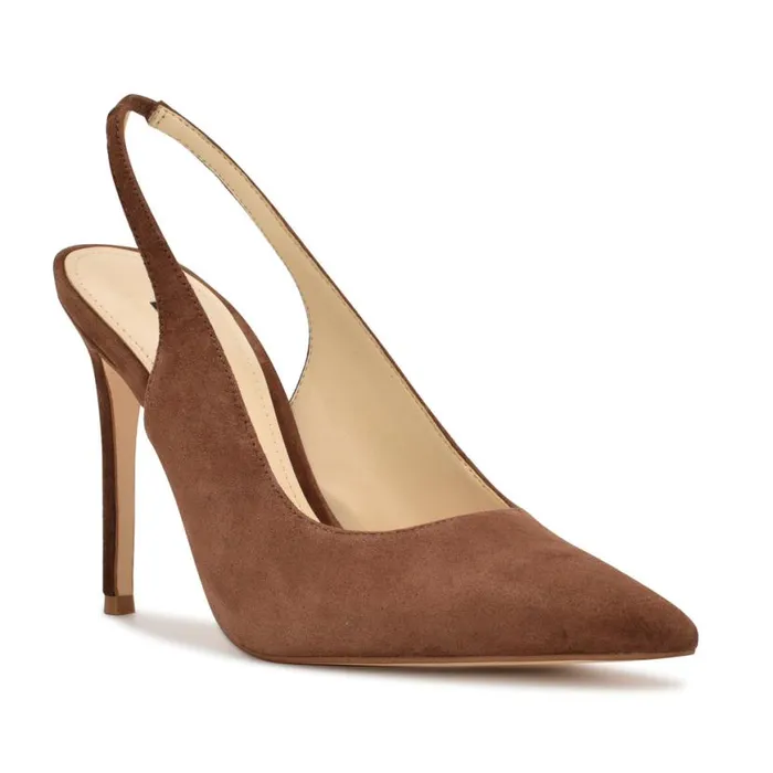 Nine West Heels Women Feather Pointy Toe Slingback Pumps Medium Brown Suede