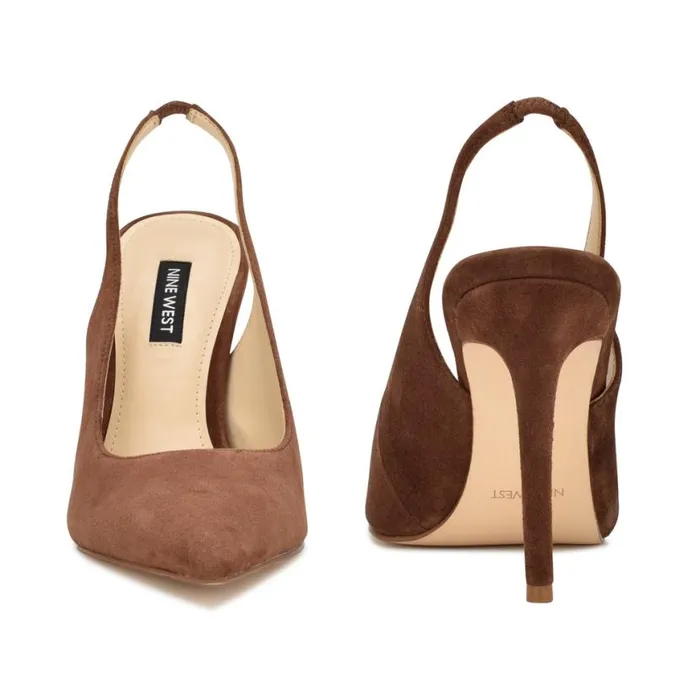 Nine West Heels Women Feather Pointy Toe Slingback Pumps Medium Brown Suede