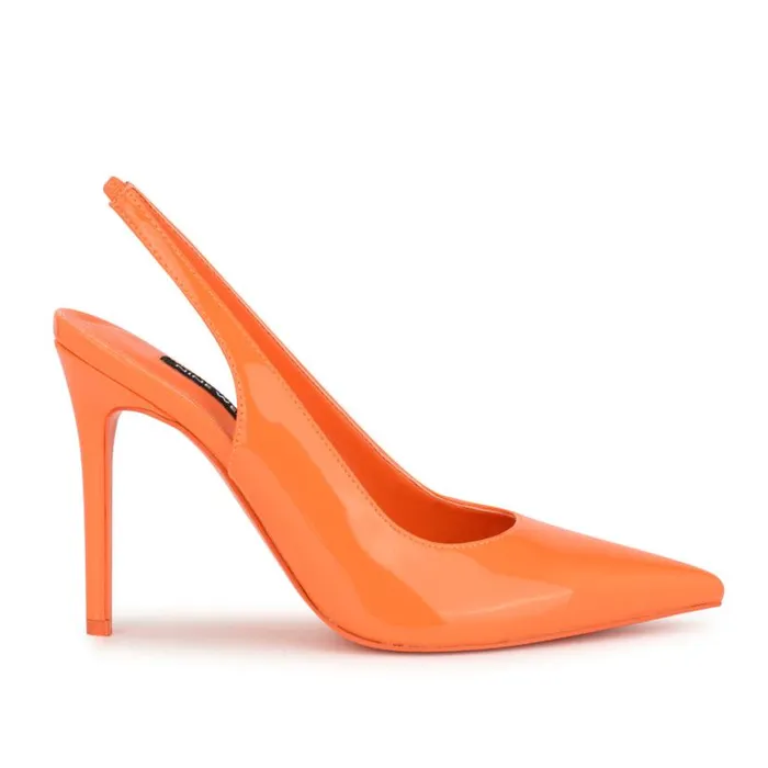 Nine West Heels Women Feather Pointy Toe Slingback Pumps Orange Patent