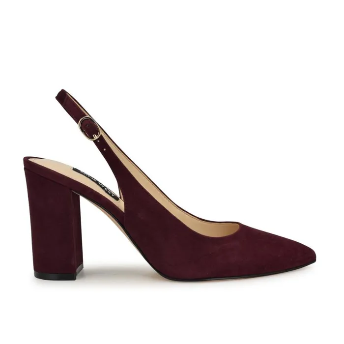 Nine West Heels Women Gompell Block Heel Slingback Pumps Dark Red Suede