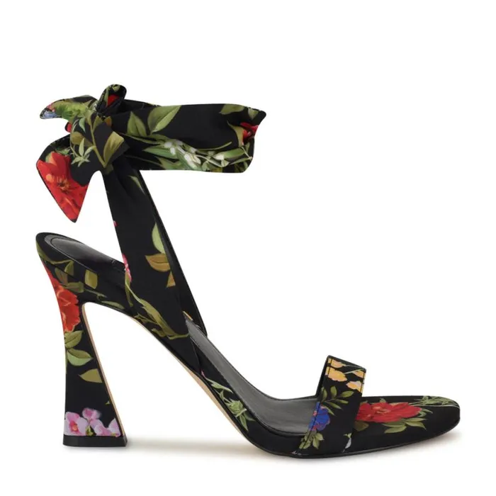 Nine West Heels Women Kelsie Ankle Wrap Heeled Sandals Black Floral