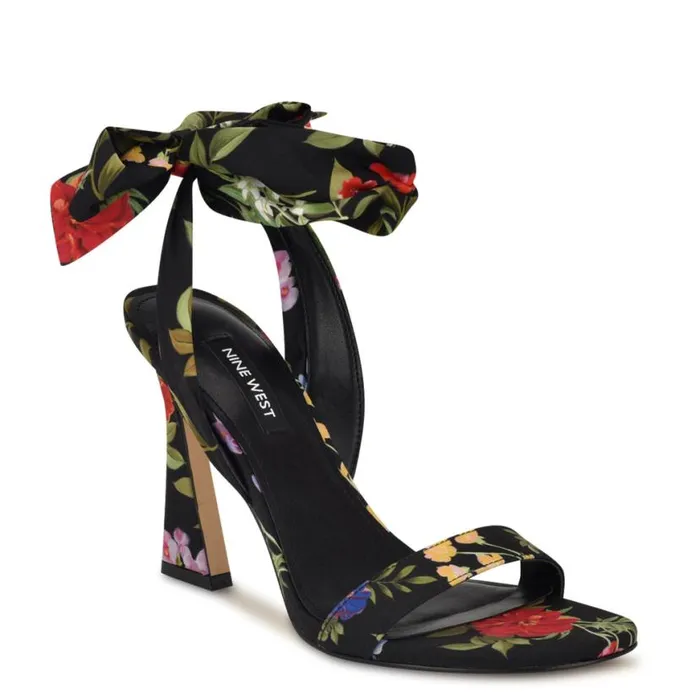 Nine West Heels Women Kelsie Ankle Wrap Heeled Sandals Black Floral