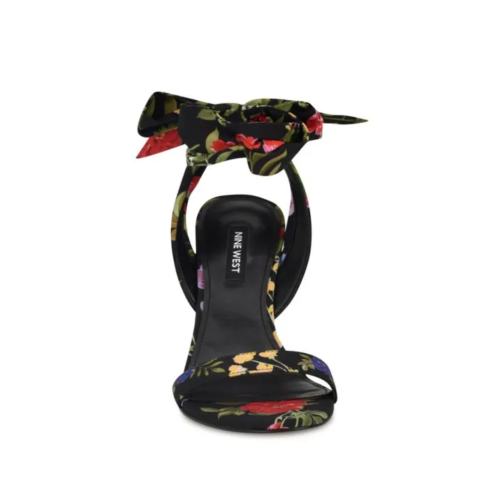 Nine West Heels Women Kelsie Ankle Wrap Heeled Sandals Black Floral