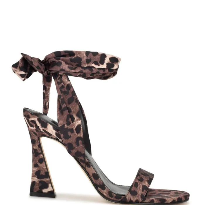 Nine West Heels Women Kelsie Ankle Wrap Heeled Sandals Leopard Satin