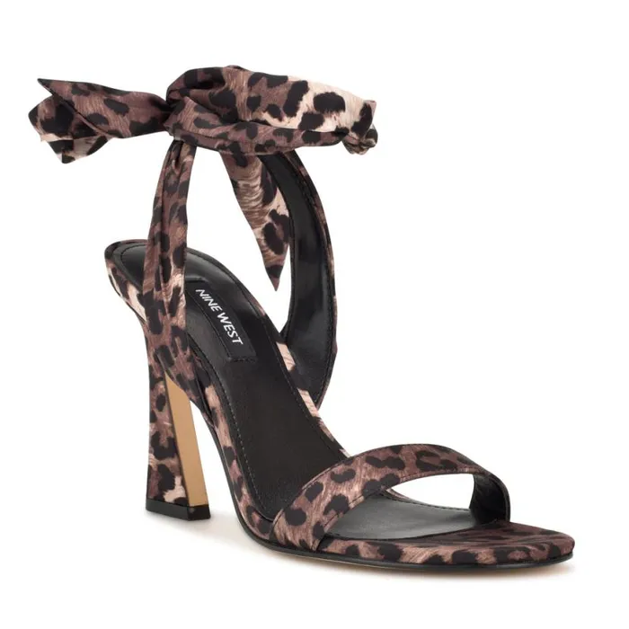 Nine West Heels Women Kelsie Ankle Wrap Heeled Sandals Leopard Satin Nine West Heels Women Kelsie Ankle Wrap Heeled Sandals Leopard Satin