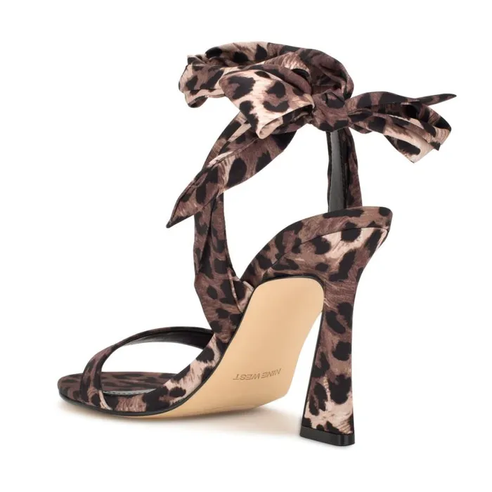Nine West Heels Women Kelsie Ankle Wrap Heeled Sandals Leopard Satin Nine West Heels Women Kelsie Ankle Wrap Heeled Sandals Leopard Satin