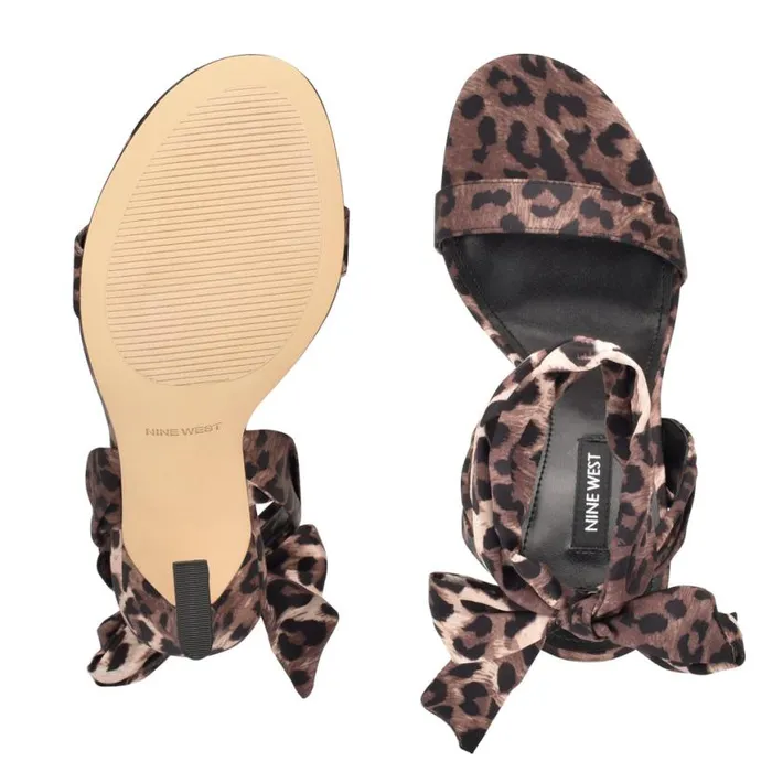 Nine West Heels Women Kelsie Ankle Wrap Heeled Sandals Leopard Satin Nine West Heels Women Kelsie Ankle Wrap Heeled Sandals Leopard Satin