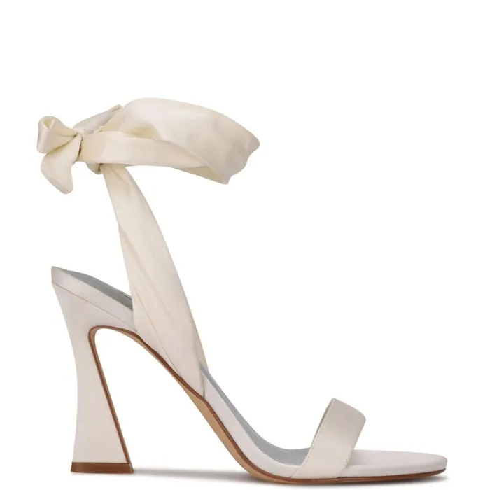 Nine West Heels Women Kelsie Ankle Wrap Heeled Sandals White Satin