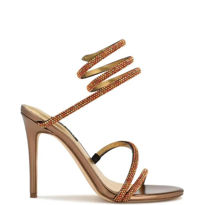 Nine West Heels Women Maskil Ankle Wrap Heeled Sandals Dark Gold Shimmer