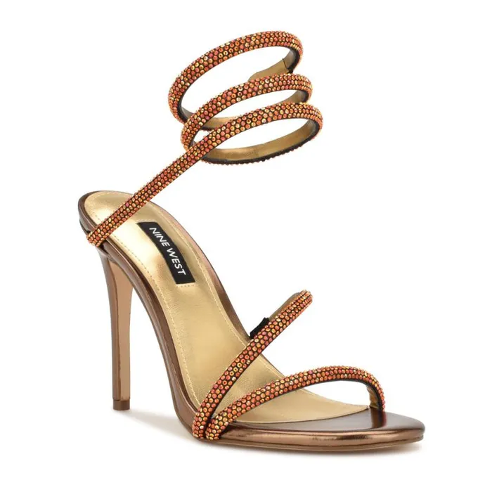 Nine West Heels Women Maskil Ankle Wrap Heeled Sandals Dark Gold Shimmer Nine West Heels Women Maskil Ankle Wrap Heeled Sandals Dark Gold Shimmer
