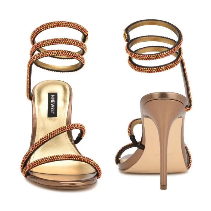 Nine West Heels Women Maskil Ankle Wrap Heeled Sandals Dark Gold Shimmer Nine West Heels Women Maskil Ankle Wrap Heeled Sandals Dark Gold Shimmer