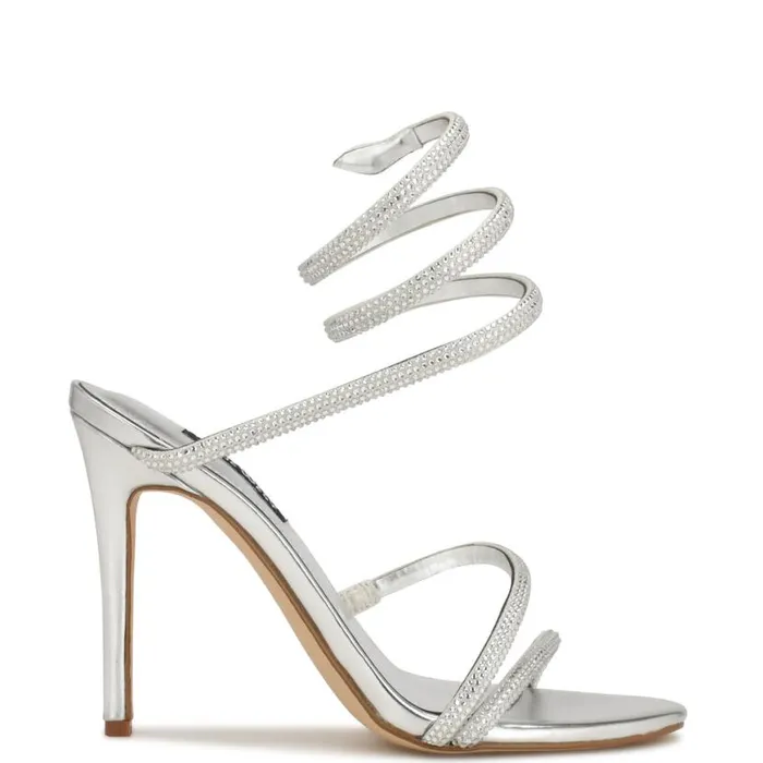 Nine West Heels Women Maskil Ankle Wrap Heeled Sandals Silver Shimmer