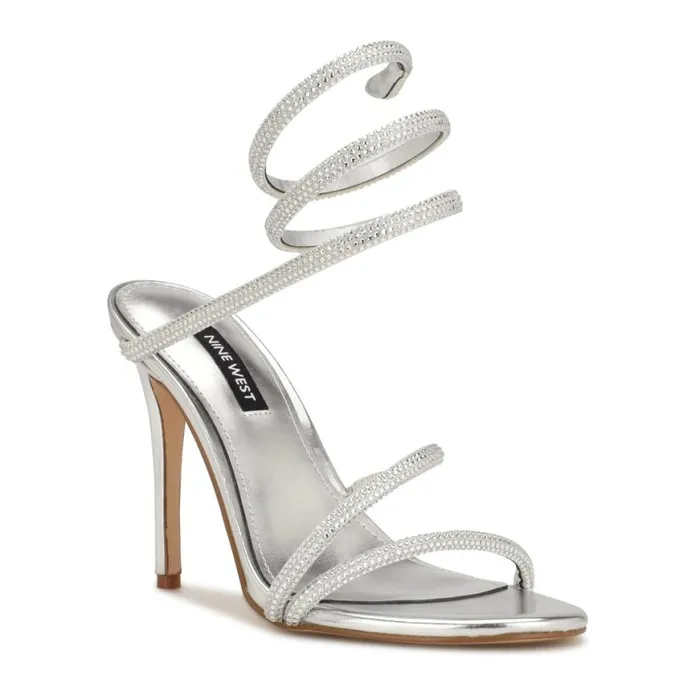 Nine West Heels Women Maskil Ankle Wrap Heeled Sandals Silver Shimmer
